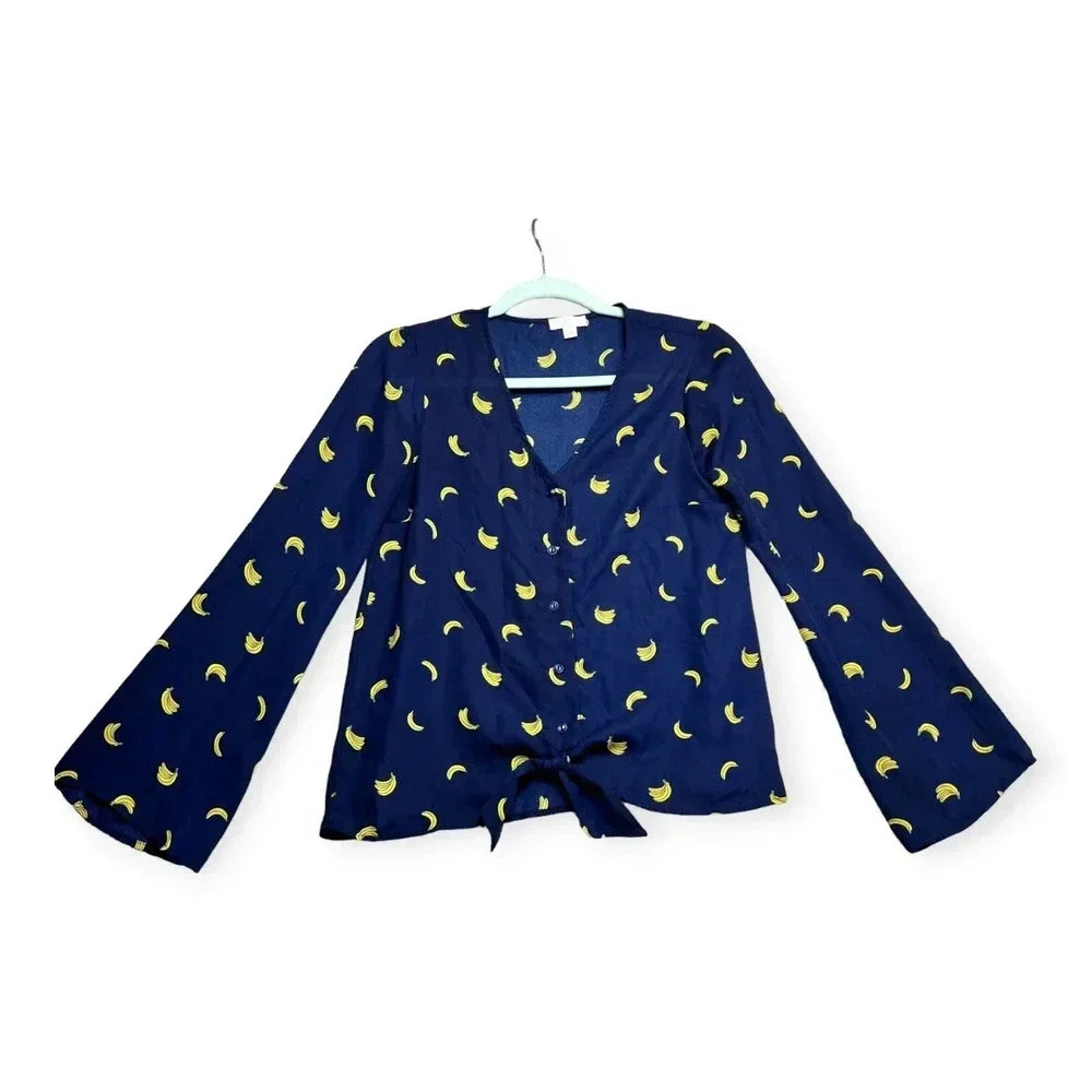 Charming‎ Charlie Womens Navy Blue Banana Fruit Print Blouse Sz XS Novelty S=
